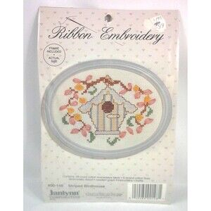 Vintage Janlynn Ribbon Embroidery Kit Striped Birdhouse w Frame 00-148 New